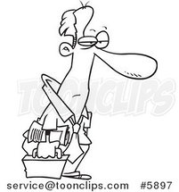 Cartoon Black and White Line Drawing of a Tired Business Man Heading Home by Toonaday