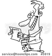 Cartoon Black and White Line Drawing of a Hopeful Business Man Holding a Report by Toonaday