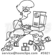 Cartoon Black and White Line Drawing of a Lady Working on Her Computer As Her Kids Play by Toonaday