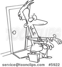 Cartoon Black and White Line Drawing of a Business Man Awaiting Hugs when Arriving Home by Toonaday