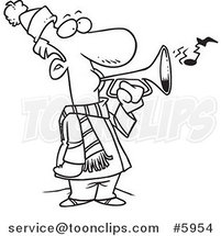 Cartoon Black and White Line Drawing of a Winter Guy Playing a Horn by Toonaday