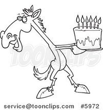 Cartoon Black and White Line Drawing of a Horse Presenting a Birthday Cake by Toonaday