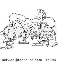 Cartoon Black and White Line Drawing of a Huddled Family Reading a Football Play Book by Toonaday