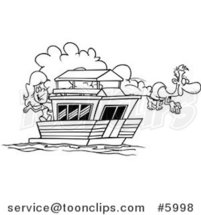 Cartoon Black and White Line Drawing of a Couple on Their House Boat by Toonaday