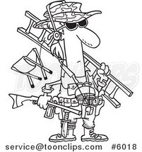 Cartoon Black and White Line Drawing of a Hunter Carrying His Gear by Toonaday