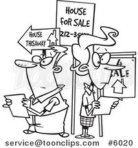 Cartoon Black and White Line Drawing of a Couple House Hunting by Toonaday