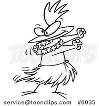 Cartoon Black and White Line Drawing of a Chicken Hula Dancing by Toonaday