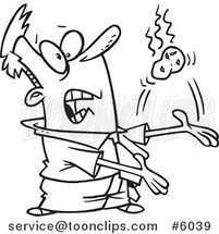 Cartoon Black and White Line Drawing of a Business Man Tossing a Hot Potato by Toonaday