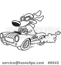 Cartoon Black and White Line Drawing of a Dog Racing a Hot Rod by Toonaday