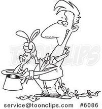 Cartoon Black and White Line Drawing of a Magician with a Rabbit in a Hat by Toonaday