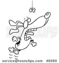 Cartoon Black and White Line Drawing of a Motivated Dog Leaping for a Suspended Bone by Toonaday
