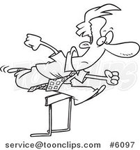 Cartoon Black and White Line Drawing of a Business Man Leaping over a Hurdle by Toonaday