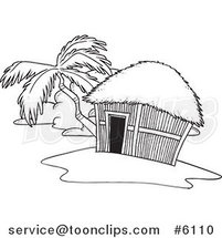 Cartoon Black and White Line Drawing of a Tropical Hut on an Island by Toonaday
