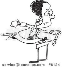Cartoon Black and White Line Drawing of a Black Business Woman Leaping over a Hurdle by Toonaday
