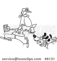 Cartoon Black and White Line Drawing of a Dog Chasing the Meter Guy by Toonaday