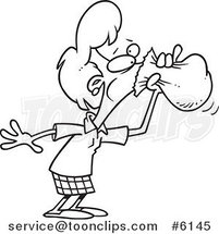 Cartoon Black and White Line Drawing of a Business Woman Hyperventilating into a Bag by Toonaday