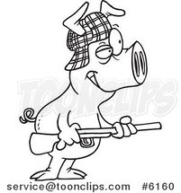Cartoon Black and White Line Drawing of a Hunter Pig by Toonaday