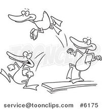 Cartoon Black and White Line Drawing of Mallard Ducks Jumping off of a Diving Board by Toonaday