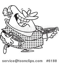 Cartoon Black and White Line Drawing of a Happy Lady Serving Spaghetti and Meatballs by Toonaday