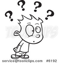 Cartoon Black and White Line Drawing of a Confused Boy with Many Questions by Toonaday