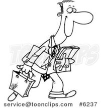 Cartoon Black and White Line Drawing of a Happy Guy Shopping by Toonaday