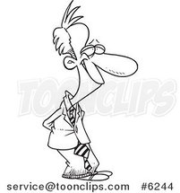 Cartoon Black and White Line Drawing of a Grinning Business Man with His Hands Behind His Back by Toonaday