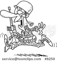 Cartoon Black and White Line Drawing of a Running Marine Soldier by Toonaday