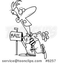 Cartoon Black and White Line Drawing of a Guy Anxiously Reaching into His Mailbox by Toonaday