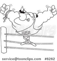 Cartoon Black and White Line Drawing of a Big Wrestler in the Ring by Toonaday