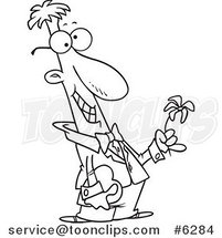 Cartoon Black and White Line Drawing of a Courting Guy Holding a Flower and a Gift by Toonaday