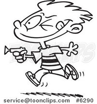 Cartoon Black and White Line Drawing of a Boy Playing with a Dart Gun by Toonaday