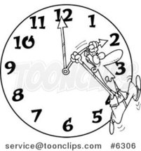 Cartoon Black and White Line Drawing of a Guy on a Daylight Savings Clock by Toonaday