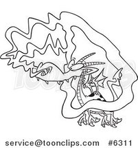 Cartoon Black and White Line Drawing of a Dragon Catching a Whiff by Toonaday