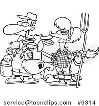 Cartoon Black and White Line Drawing of a Farmer Couple with a Cow by Toonaday