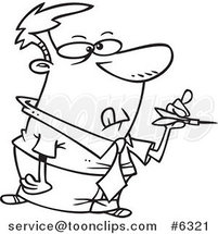 Cartoon Black and White Line Drawing of a Business Man Throwing Darts by Toonaday