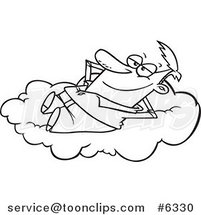 Cartoon Black and White Line Drawing of a Guy Daydreaming on a Cloud by Toonaday