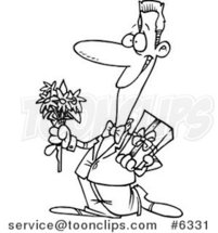 Cartoon Black and White Line Drawing of a Courting Guy Holding Flowers and a Gift by Toonaday