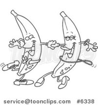 Cartoon Black and White Line Drawing of a Banana Couple Dancing by Toonaday