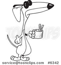 Cartoon Black and White Line Drawing of a Wiener Dog Holding a Pencil Cup by Toonaday
