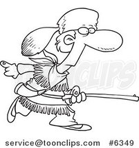 Cartoon Black and White Line Drawing of Davey Crocket Hunting by Toonaday