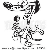 Cartoon Black and White Line Drawing of a Dalmatian Using a Microphone by Toonaday