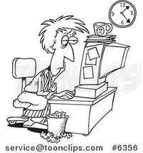 Cartoon Black and White Line Drawing of a Tired Lady Trying to Meet Her Deadline by Toonaday