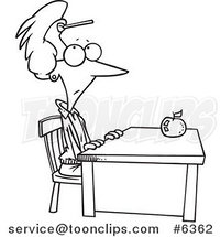 Cartoon Black and White Line Drawing of a Teacher Sitting at Her Desk with a Dart on Her Forehead by Toonaday