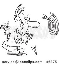 Cartoon Black and White Line Drawing of a Guy Throwing Darts by Toonaday