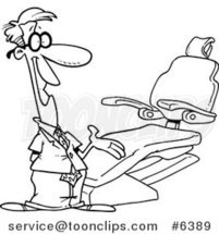 Cartoon Black and White Line Drawing of a Dentist Gesturing to a Chair by Toonaday