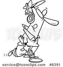 Cartoon Black and White Line Drawing of a Guy Using a Metal Detector by Toonaday