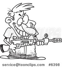 Cartoon Black and White Line Drawing of a Demented Guy Holding a Gun by Toonaday