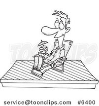 Cartoon Black and White Line Drawing of a Guy Relaxing on a New Deck by Toonaday