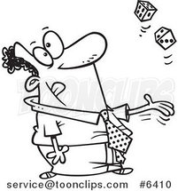 Cartoon Black and White Line Drawing of a Black Business Man Tossing Dice by Toonaday