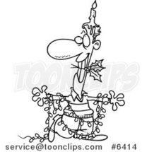 Cartoon Black and White Line Drawing of a Christmas Guy in Lights, with a Candle and Holly by Toonaday